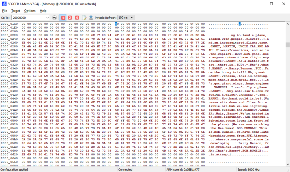 Copies of the Bee Movie script in SPI flash showing up in a RAM buffer.