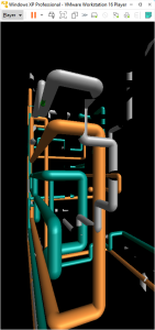 A screenshot of the 3D Pipes screensaver running in a VM, with a 1:2 aspect ratio.